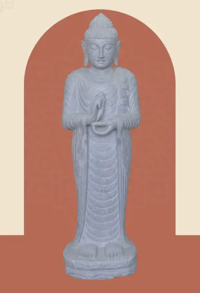 Product image 1 of the product “Standing Buddha made of Riverstone in Dharmachakra position - gesture of wheel of the teaching of Dharma. About 122cm height. ”